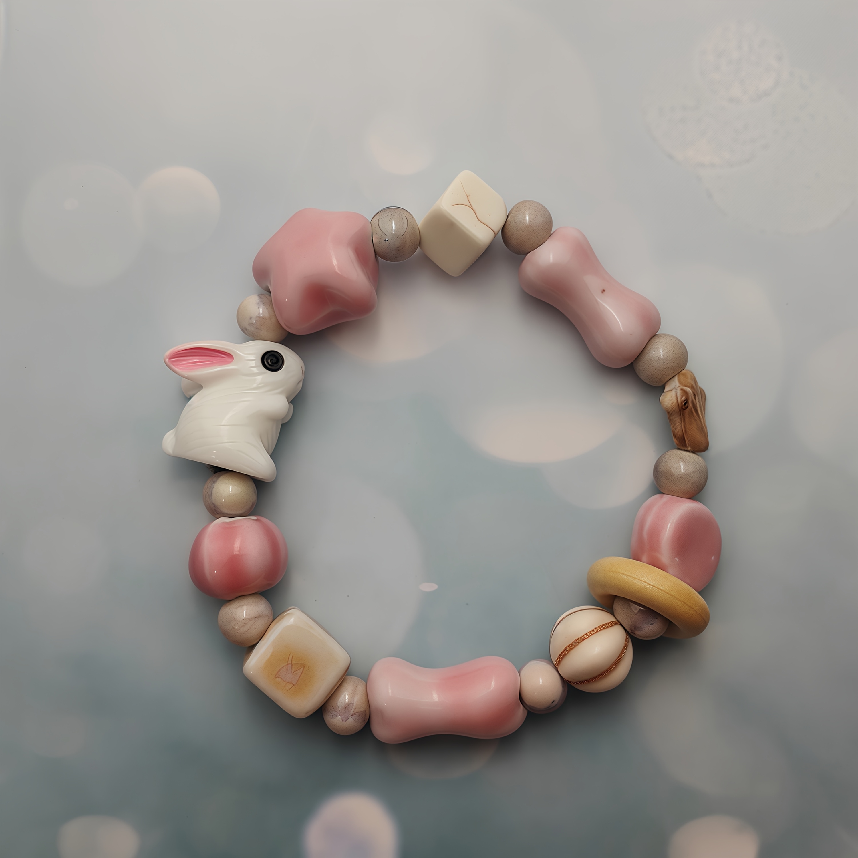Vintage Style Ceramic Rabbit & Elephant Beaded Bracelet